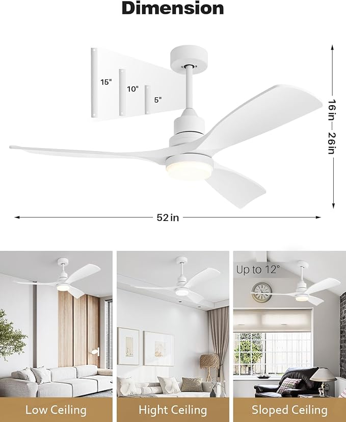 52 Inch Ceiling Fans with Lights Remote, White Ceiling Fans 3 Color Temperature, Timer, ETL Listed, 3 Downrods, 3 Blades, 6 Speed Modern Fan Quiet Reversible DC Motor for Patio Outdoor