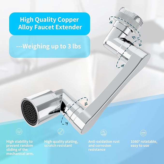 1080° Swivel Faucet Extender, Heavy Duty Rotating Sink Extension, Universal Swivel Multifunctional Robotic Arm, Rotating Splash Filter Extension Faucet Aerator for Kitchen Bathroom-1 Pcs