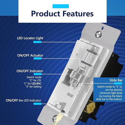 LIDER Dimmer Paddle Switch for Dimmable 300W LED/CFL Lights, 1-Pole or 3-Way, 120 V, Modern Upgrade, UL Listed, Wall Plate Included, White, 6 Pack