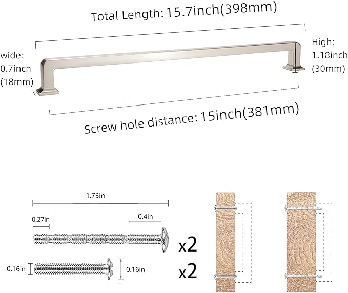 COTYKILEY 6 Pack 15 Inch(381mm) Brushed Satin Nickel Cabinet Handles Kitchen Cabinet Pulls Cabinet Door Handles Kitchen Cabinet Hardware Cupboard Drawer Pulls Dresser Handles