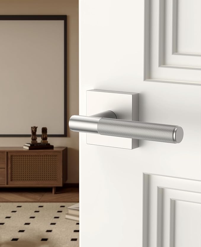 Asidrama 4 Pack Passage Brushed Satin Nickel Door Handles, Door Lever with Door Knobs Indoor for Bedroom or Bathroom, Brushed Satin Nickel Door Handles Interior with Locks for Left Right Sided Doors