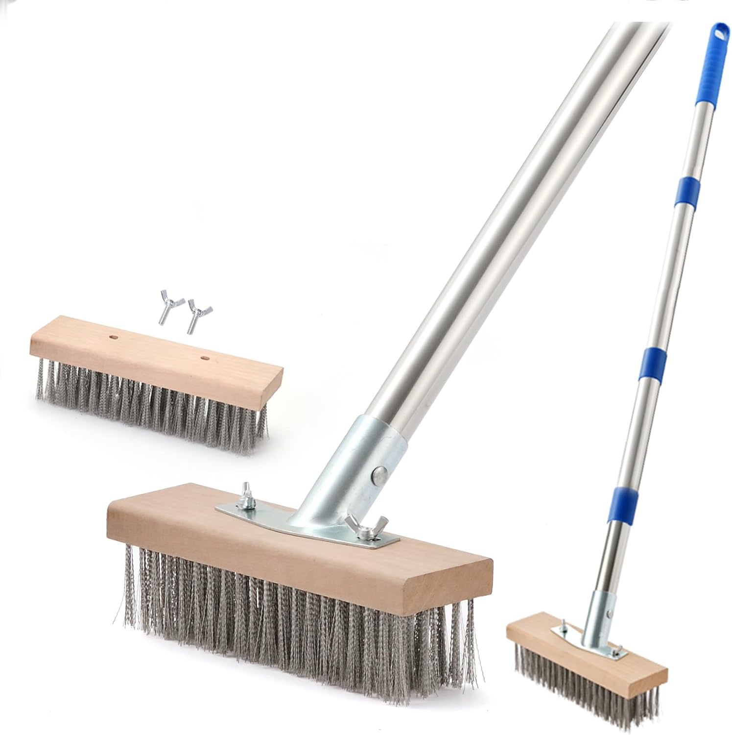 Stainless Steel Wire Scrub Brush with 63" Long Handle, 2PCS 8" Brush Heads, Heavy Duty Large Wire Brush, Stiff Metal Bristle Floor Scrubber, Patio Floor Cleaning, Wire Broom for Concrete, Deck, Moss