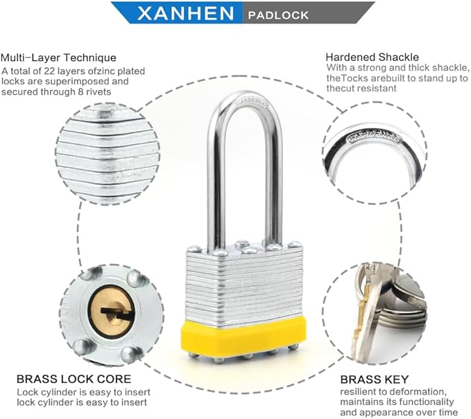 Keyed Alike Laminated Steel Padlocks with Long Shackle for Sheds, Fences & Lockers (2-Pack)