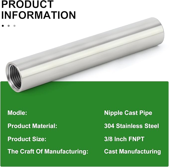 TAISHER 2PCS Stainless Steel Pipe Fittings, 3/8" NPT x 3/8" NPT Female Threaded, 6" Length Nipple Cast Pipe