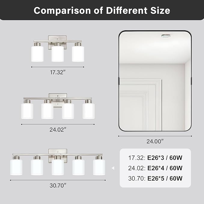 Brushed Nickel Bathroom Light Fixtures, 4-Light Modern Vanity Light Over Mirror, Wall Sconces with Milky White Frosted Glass Shades, E26 Socket (Bulbs Not Included)