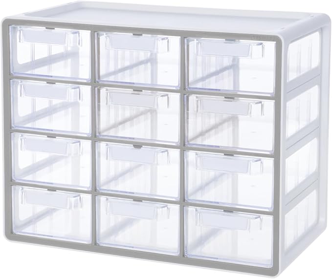Blue Ginkgo Large 12-Drawer Cabinet – Stackable Clear Organizer for Hardware, Beads, Plastic Bricks, Office, and Craft Storage (Made in Korea, Gray)