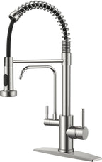FORIOUS Kitchen Faucet with Purfied Water Filter, 2 in 1 Commercial Stainless Steel Pull Down Sink Faucet and Drinking Water Faucet 2 Handle for Pot Filler Kitchen Sink Farmhouse Bar, Brushed Nickel