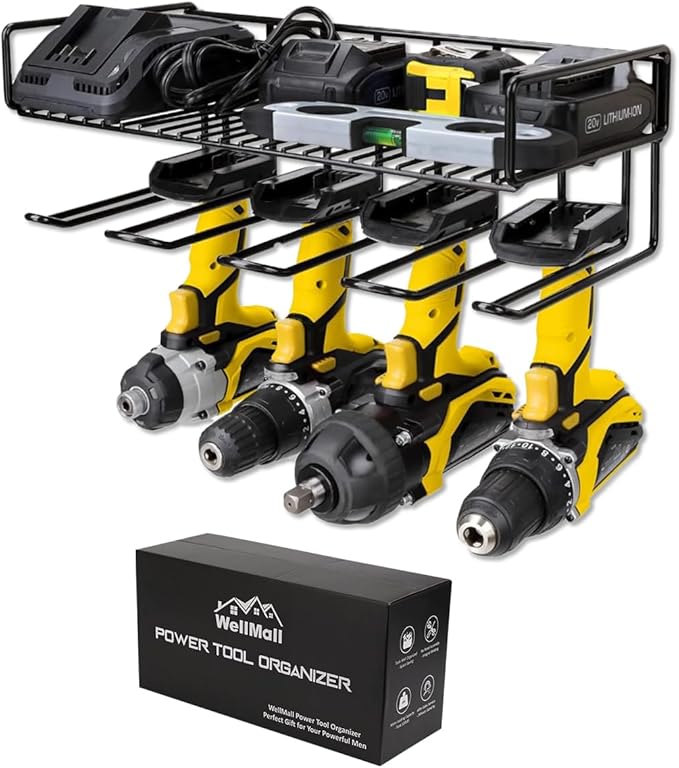 Heavy Duty Tool Organizer, 16"W x 7.48"H x 5.51"D, 4 Wall Mount Anchors, 3.95" Between Slots, Sturdy Steel Construction, Ideal for Power Tools