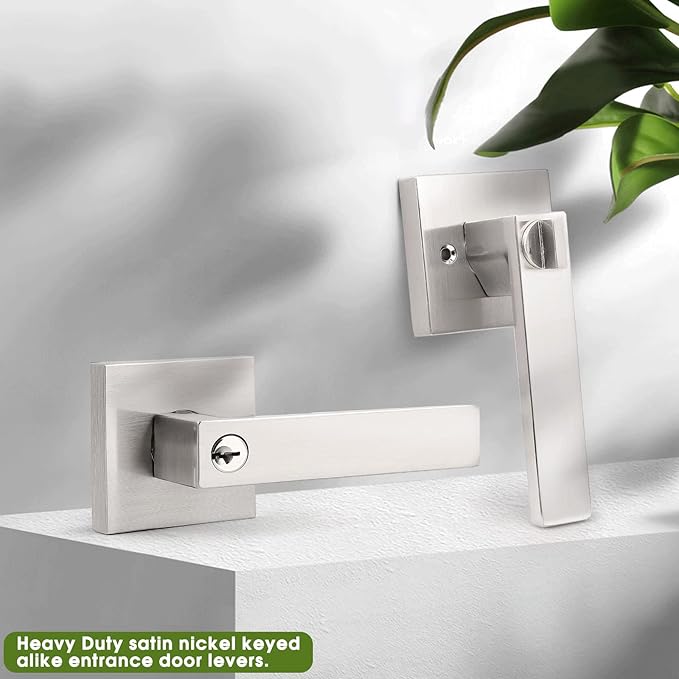 Gobrico 3 Pack Satin Nickel Combo Door Locksets Keyed Alike Entrance Door Levers Handles,Heavy Duty Zinc Alloy Made, for Right and Left Handed Doors