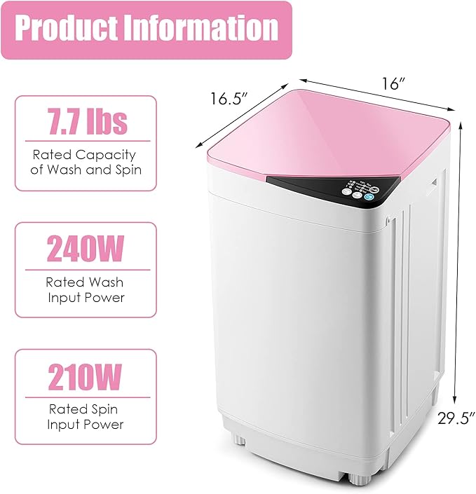 Casart Washing Machine Portable Washer W/ 7.7 Lbs Weight Capacity Washer and Dryer Full Automatic Washing Machine (Pink&White)