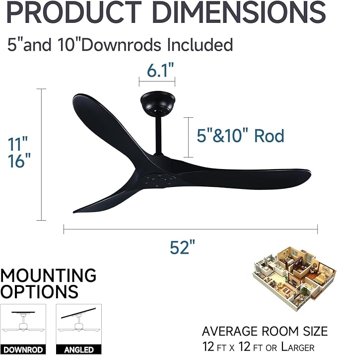 52" 3 Blade Ceiling Fan Without Light, Farmhouse Rustic Wooden Flush Mount Ceiling Fan no Light with Remote for Indoor/Outdoor - High End Silent Operation, Black, 52 Inch