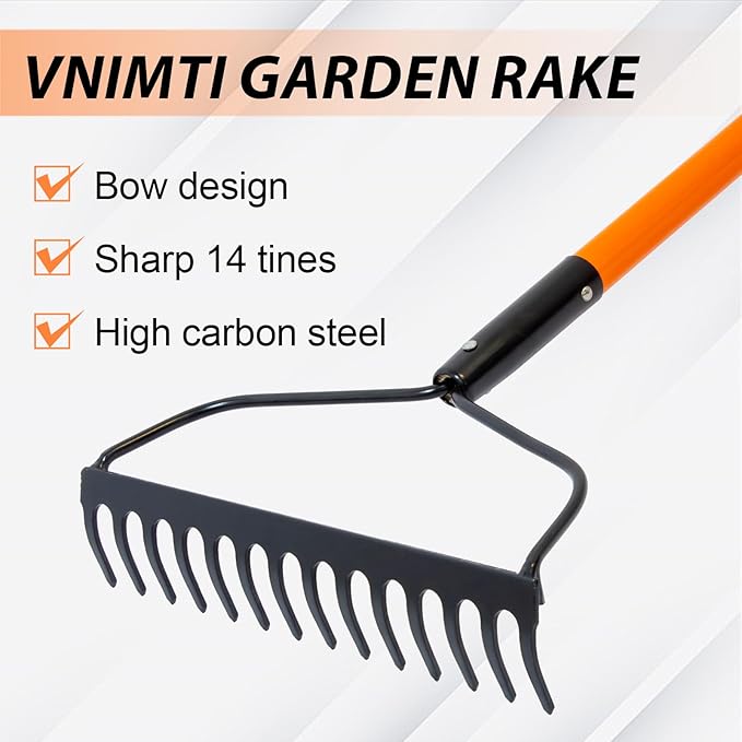 VNIMTI Garden Rake for Gardening, Heavy Duty Garden Rake for Lawns, 14 Tines Bow Rake with Fiberglass Handle, 58 Inches