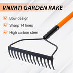 VNIMTI Garden Rake for Gardening, Heavy Duty Garden Rake for Lawns, 14 Tines Bow Rake with Fiberglass Handle, 58 Inches