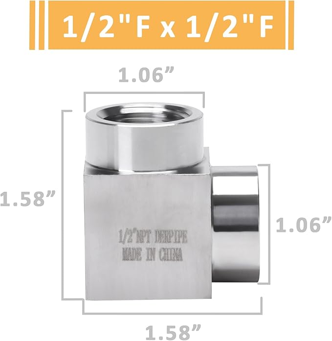 90 Degree Street Elbow - 1/2" NPT Female to 1/2" NPT Female Stainless Steel 304 Heavy Duty Forged Square Barstock Street Elbow Adapter Pipe Fitting (pack of 5)
