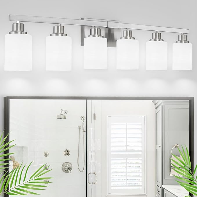 38" Bathroom Vanity Light, 6-Light Nickel Vanity Lights for Bathroom, Wall Sconce Lighting with Milky White Glass Shade, Wall Lights,Bath Vintage Wall Mounted Lamps for Mirror Bedroom