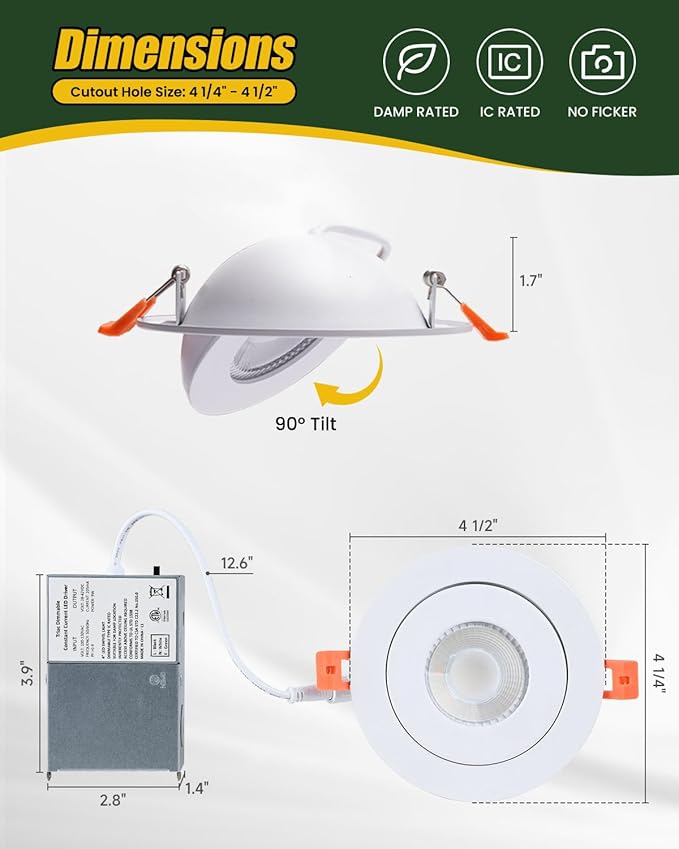 ZYC Gimbal LED Recessed Lighting - 4 Inch 5CCT 9W 360° Rotation Adjustable Eyeball Light,LED Swivel Spotlight,Directional Sloped Ceiling Light,Dimmable Canless Wafer Downlight Pack of 6 White.