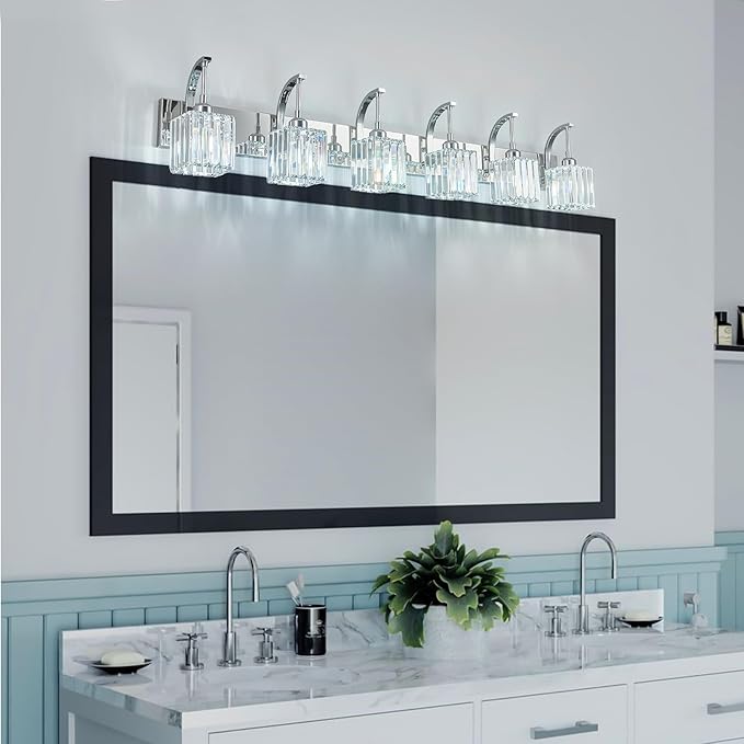Crystal Vanity Lights 6-Light Chrome Bathroom Vanity Lights Modern Crystal Bathroom Light Fixtures Over Mirror 51.18" Long Vanity Light for Bathroom