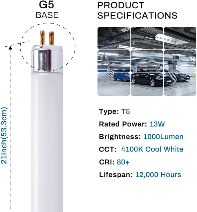 21 Inch F13T5/CW Fluorescent Light Bulb, T5 13 Watts, 4100K Cool White Under Counter Light Bulbs, Replacement Bulb for Under Cabinet Light, G5 Mini Bi-Pin Base - 6 Pack