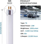 21 Inch F13T5/CW Fluorescent Light Bulb, T5 13 Watts, 4100K Cool White Under Counter Light Bulbs, Replacement Bulb for Under Cabinet Light, G5 Mini Bi-Pin Base - 6 Pack