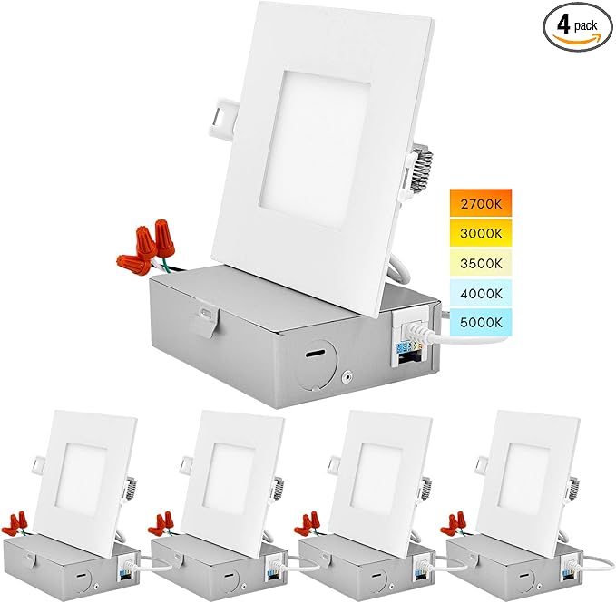 LUXRITE 4 Inch Ultra Thin Square LED Recessed Lighting, 5 Color Temperature Options 2700K - 5000K, Dimmable Downlight, 10W, IC Rated, Wet Rated, Canless LED Recessed Light (4 Pack)