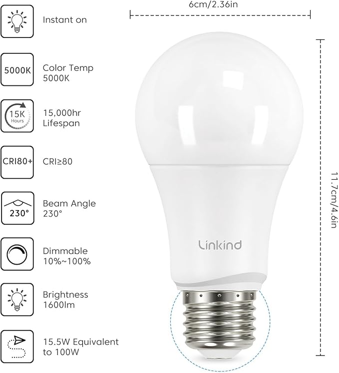 Linkind A19 LED Light Bulbs Dimmable, 100W Equivalent, E26 Base, 5000K Daylight, 15.5W 1600 Lumens CRI80+, 120V, UL Listed FCC Certified, LED Lights for Bedroom Living Room Home Office, 6 Packs