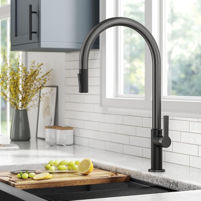 KRAUS Oletto High-Arc Single Handle Pull-Down Kitchen Faucet in Matte Black/Spot Free Black Stainless Steel, KPF-2821MBSFSB