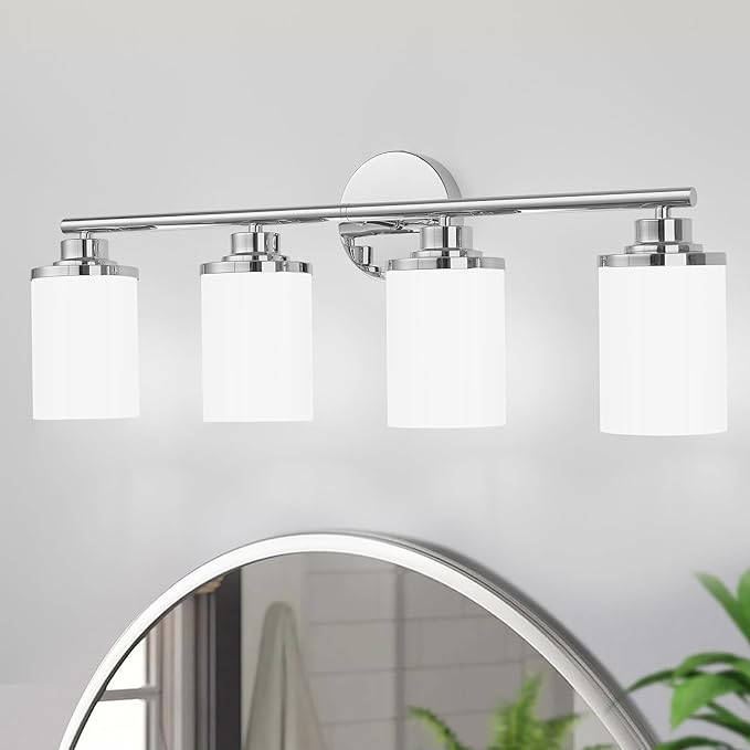 Chrome Bathroom Light Fixtures,4-Light Chrome Vanity Lights,Chrome Bathroom Lights Over Mirror,Mid-Century Modern Sconce with Frosted Glass