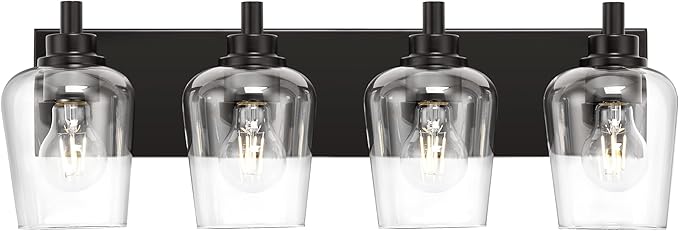 Bathroom Light Fixtures, 4-Light Modern Vanity Light with Clear Glass Wine Glass-Shaped Shade, Vanity Lighting Fixtures Over Mirror, Matte Black, VL155-MB-4