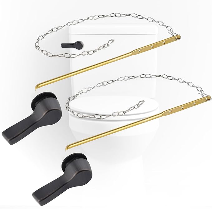 iFealClear 2 Pack Universal Metal Toilet Tank Flush Lever Replacement, Solid Brass Front Mount Handle Toilet Tank Trip Lever with 2 Pieces Stainless Steel Flapper Chains, Oil Rubbed Bronze