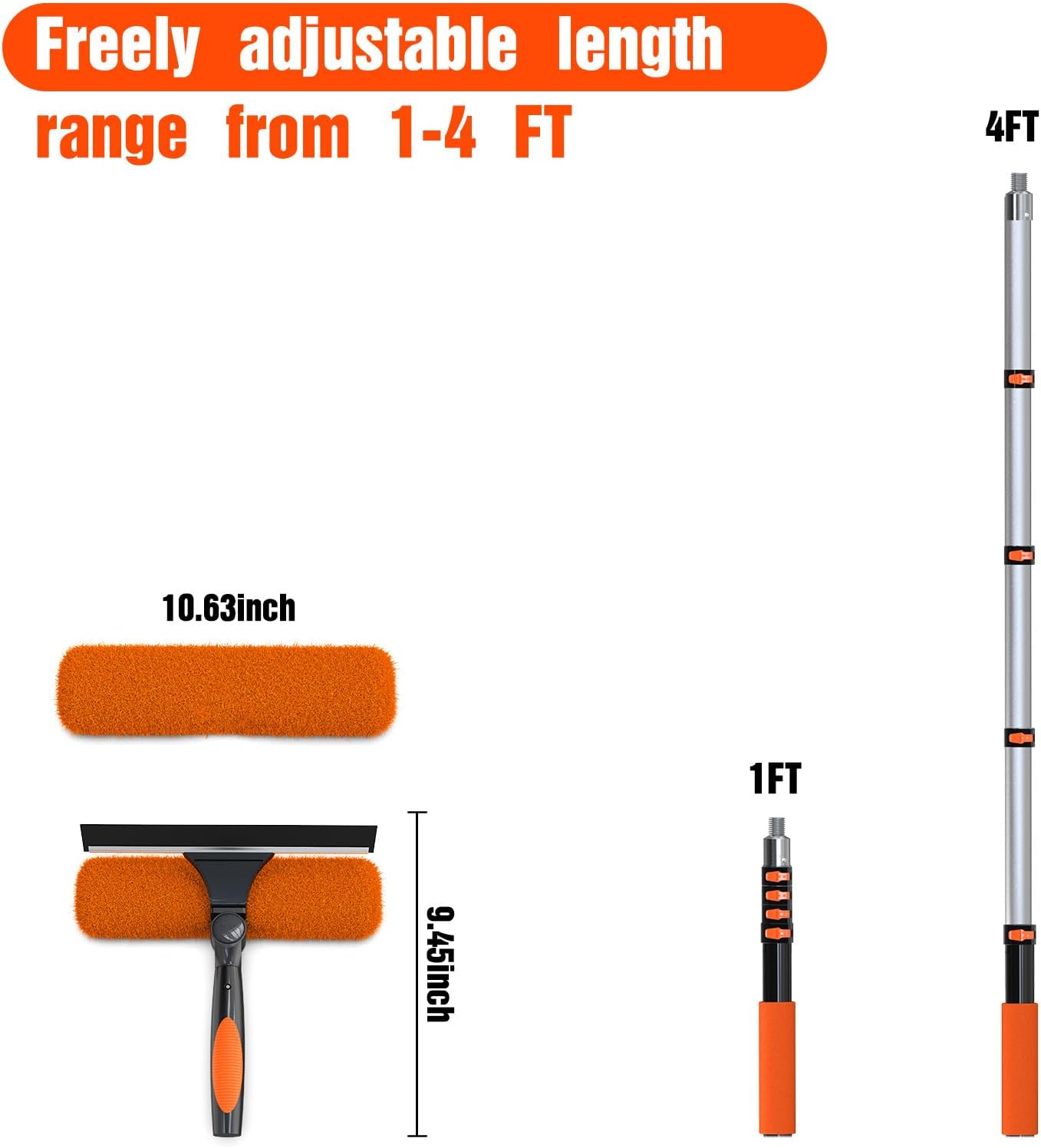 4FT Window Squeegee with Extension Pole, 2-in-1 Squeegee for Window Cleaning, Professional Cleaning Kit for Home with 4FT Telescoping Pole for Outdoor Indoor Use