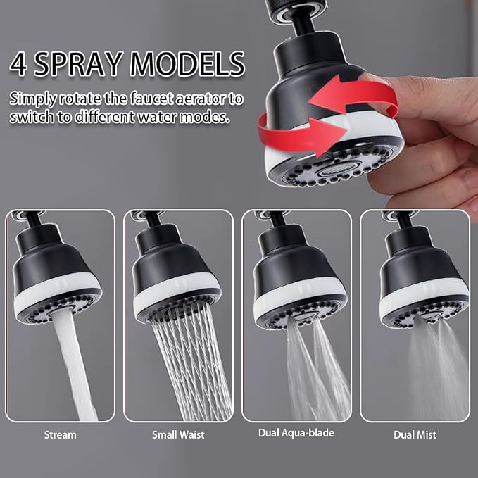 Faucet Aerator Faucet Sprayer Attachment, Kitchen Faucet Head Replacement with 4 Spray Modes, 360° Swivel Faucet Extender Anti-Splash Sink Sprayer Faucet Nozzle Head (Diamond, Black)