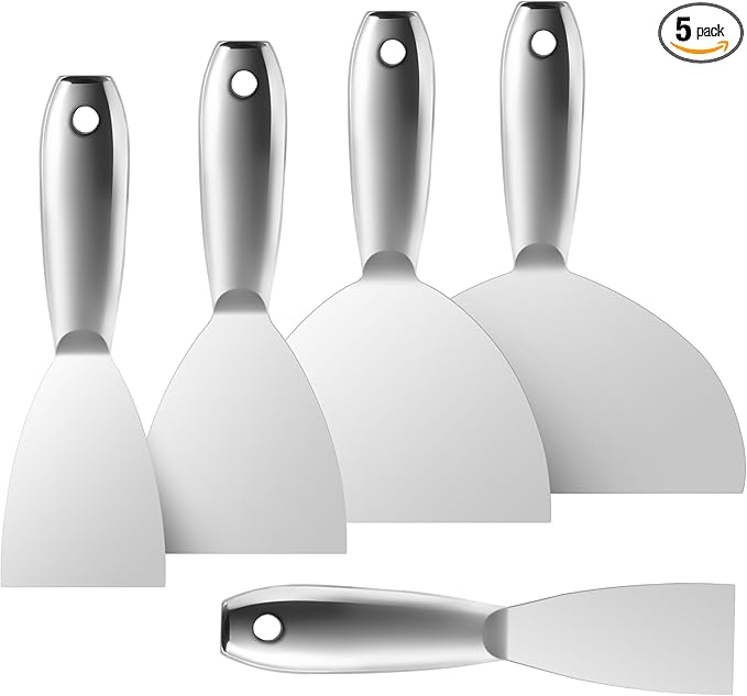 Fishark Putty Knife, 5 Pcs Putty Knife Set, 2" 3" 4" 6" 8" Stainless Steel Scraper, Spackle Knife, Wallpaper Scraper Paint Scraper Tool for Drywall Repair, Removing Wallpaper, Mud, Applying Plaster