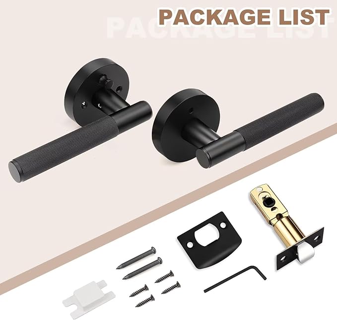 Black Interior Door Handle Locking, 1 Pack Knurled Privacy Modern Door Lever, Keyless Bed and Bath Door Lock, Round Reversible Handle