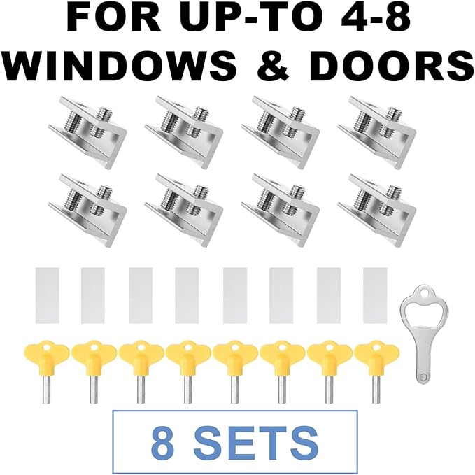 Sliding Window Locks,for Horizontal Sliding Windows,Window Security Lock with Key,Adjustable Aluminum Easv to Install Window Stopper,Window Locks for Up and Down Windows (8 Sets Silver)