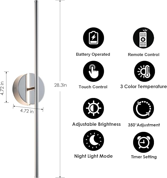 Removable Battery Operated Wall Sconces with Remote Control 350°Rotate LED Wireless Wall Lights with 3 Color Temperatures & Dimming for Bedroom, Hallway, 28.3 Inch (2 Pack)