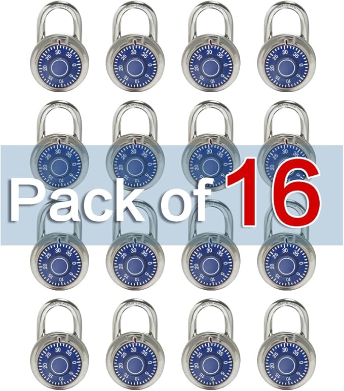 LanuBe Standard Dial Combination Lock, 2 in. Wide, with Different Combinations, Blue Turnplate, Pack of 16; Lock for School, Employee, Gym Sports Locker, Case, Toolbox, and so on