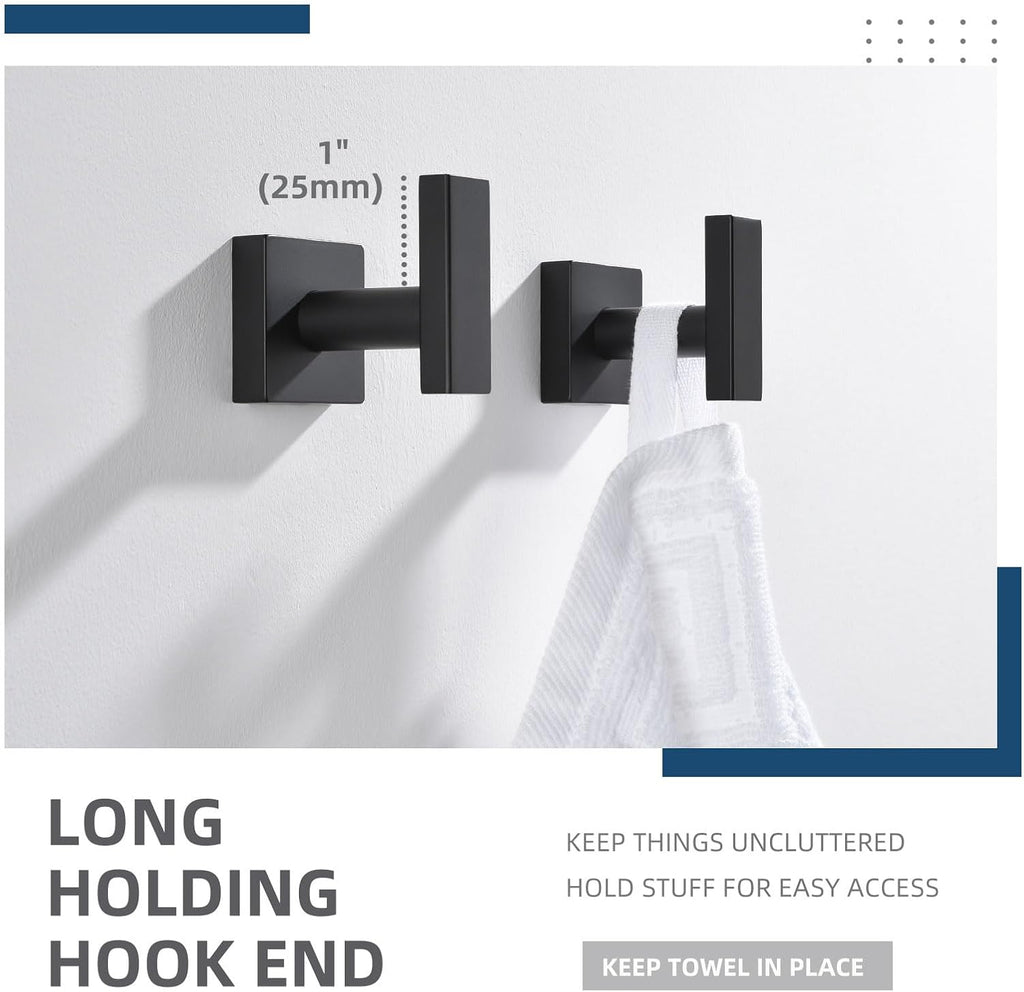 Angle Simple Bathroom Towel Hooks, Stainless Steel Robe Coat Hooks for Wall, Matte Black, 2 Pack