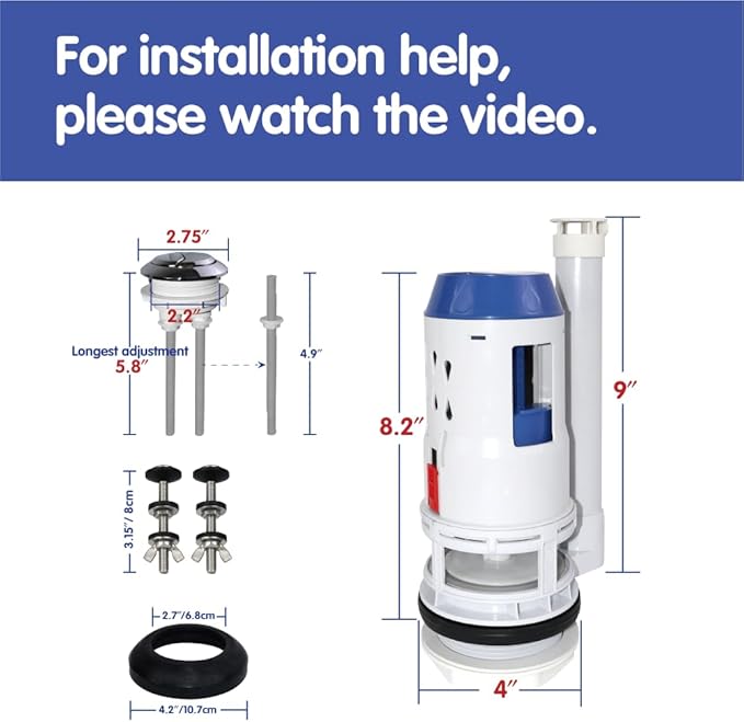 3-Inch Dual Flush Valve Repair Kit for 2-Piece Toilets, Top Push Toilet Repair Kit, Inside Tank Dual Flush Valve Replacement Kit, Includes Valve, Button, Gasket, Bolt