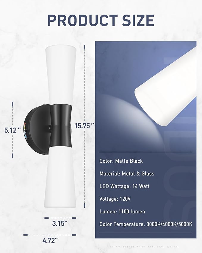 kudos Wall Sconces 16inches Black Vanity Light Fixtures, Modern Sconces Wall Lighting with Milk White Glass, Dimmerable 3000K/4000K/5000K for Bathroom Bedroom, KDVL13-BK