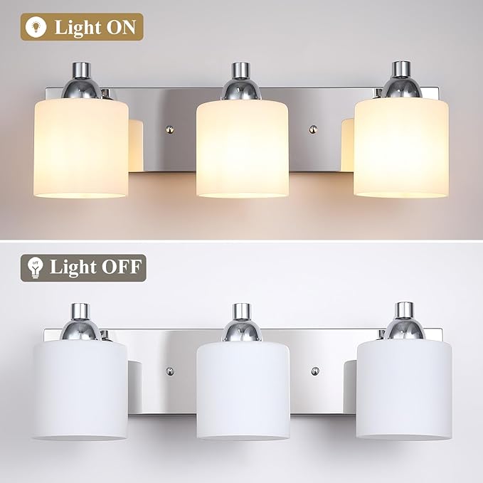 Stainless Steel Milk Glass Vanity Lights for Bathroom, 3 Light Polished Chrome Bathroom Light Fixtures Over Mirror, Ceramic E26 Sockets Wall Mounted