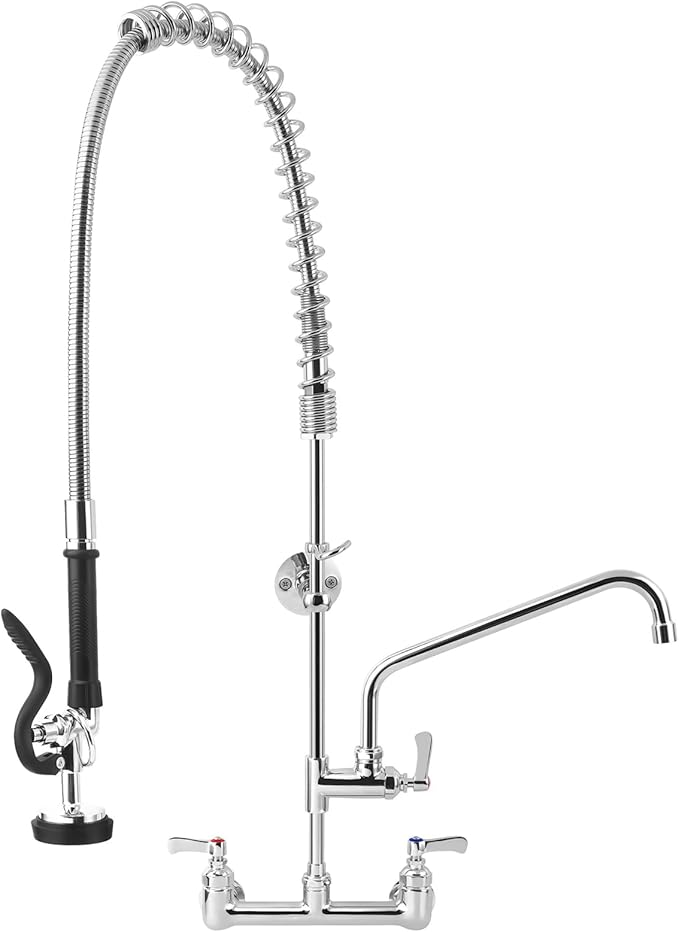 43" Height Commercial Faucet with Sprayer, 8" Adjustable Center & 12" Add-on Swing Spout, Wall Mount Pre Rinse Commercial Sink Faucet for Commercial Restaurant Industrial Kitchen