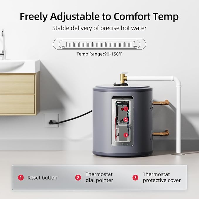 Electric Mini Tank Water Heater, MIZUDO 6 Gallon Point of Use Hot Water heater 1500W, Compact Residential 120V with T&P Valve, Adjustable Thermostat, UL Listed