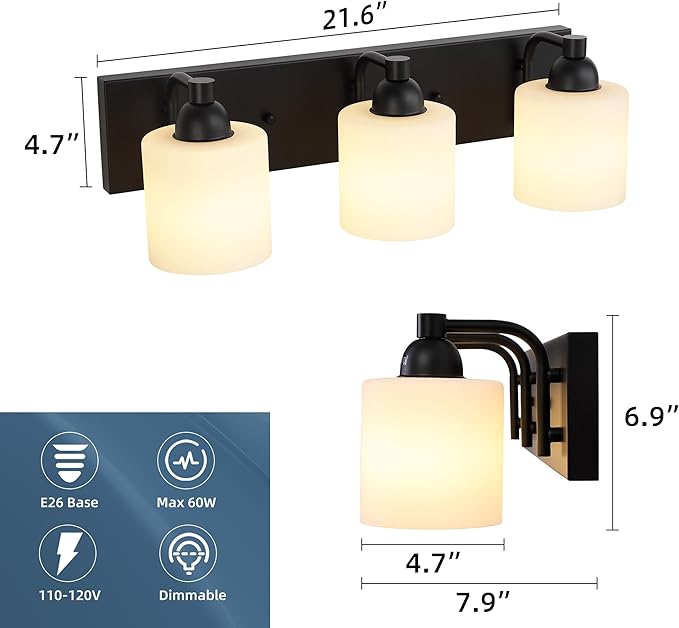 Milk Glass Vanity Lights for Bathroom, 3 Light Matte Black Bathroom Light Fixtures Over Mirror, Ceramic E26 Sockets Wall Mounted