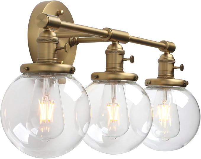 Phansthy 3-Light Wall Sconces Antique Brass Vanity Light, Industrial Wall Lamps with On Off Switch and Clear Glass Lampshade, Vintage Wall Lighting for Bathroom Living Room (Antique, Globe Shade)
