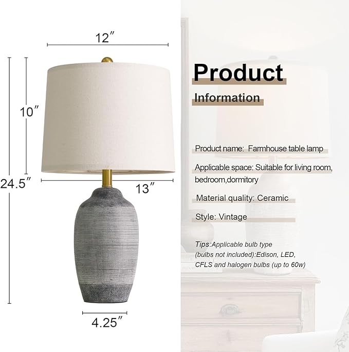 24.5" Vintage Ceramic Table Lamp - Single Farmhouse Rustic Bedside Lamp with Natural Textured Finish, Nightstand Lamps for Living Room, Bedroom, End Table, Office Dark Grey