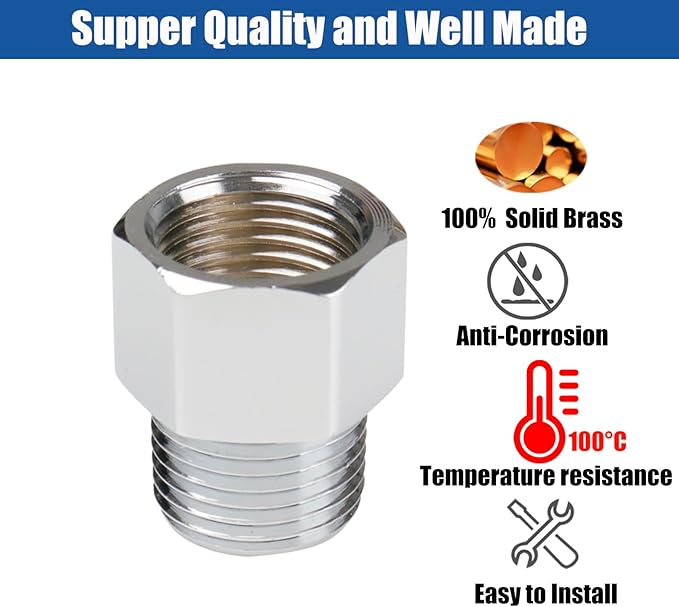 WHK 4-Pack Brass Pipe Fittings - 1/2 Inch Male/Female NPT Reducer Adapter with Chrome Finish