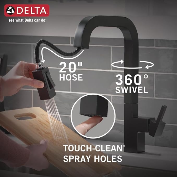 Delta Junction Matte Black Kitchen Faucet with Pull Down Sprayer, Modern Single Hole Kitchen Sink Faucet, Single Handle, Matte Black 19825LF-BL