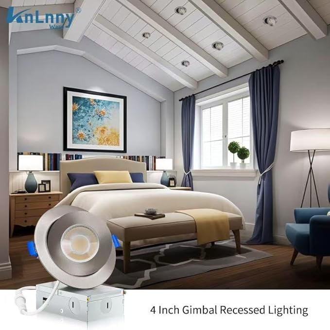 Brushed Nickel Recessed Lighting 4 Inch 6 Pack, Ajustable Eyeball recessed Light with Junction Box,5 Color Selectable,Airtight,9W 750LM,Dimmable,Brushed Nickel