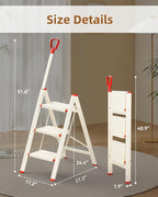 ASPERALD 3 Step Ladder with handrails,Foldable Step Stool with Anti-Slip Wide Pedals for Home Kitchen Closet,3 Step Ladder Folding Step Stool Long Handle White