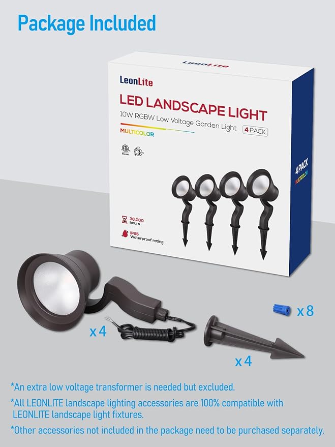 LEONLITE 10W RGB Low Voltage Landscape Lights, Color Changing Wall Wash Landscape Lighting Outdoor, 12V LED Landscape Spotlights, Uplight, ETL Listed, Aluminum, IP65 Waterproof, Pack of 4